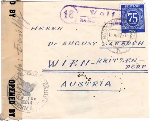 1947, Landpost Stpl. 16 WOLF über Büdingen auf Zensur Brief m. 75 Pf. 