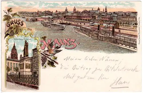 Gruss aus Mainz m. Dampfschiffen, 1898 gebr. Litho-AK
