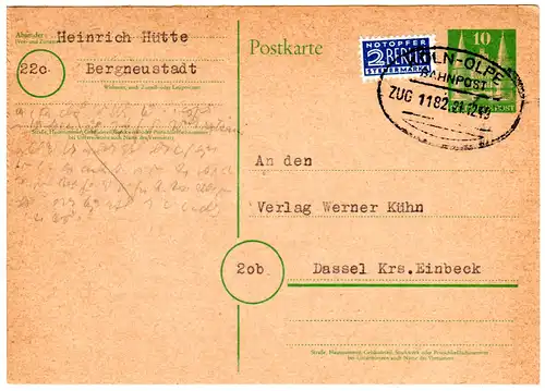 1949, Bahnpoststpl. Köln-Olpe klar auf 10 Pf. Ganzsache v. Bergneustadt