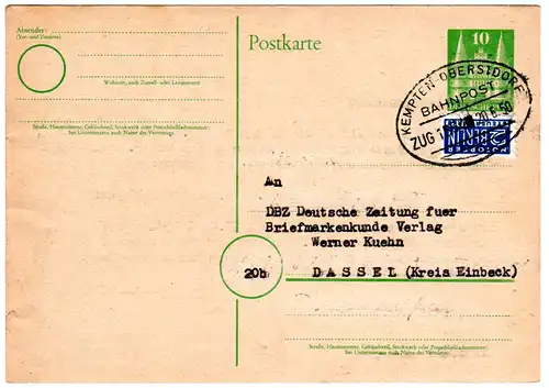 1950, Bahnpoststpl. Kempten-Oberstdorf klar auf 10 Pf. Ganzsache v. Sonthofen