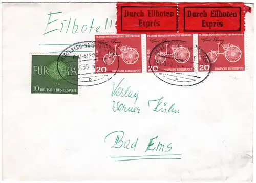 BRD 1962, 3x20+10 Pf. auf Eilboten Brief m. Bahnpost Heidelberg-Saarbrücken