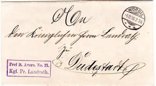 DR 1896, Frei lt. Avers No.21 Kgl. Pr. Landrath auf Brief v. Worbis
