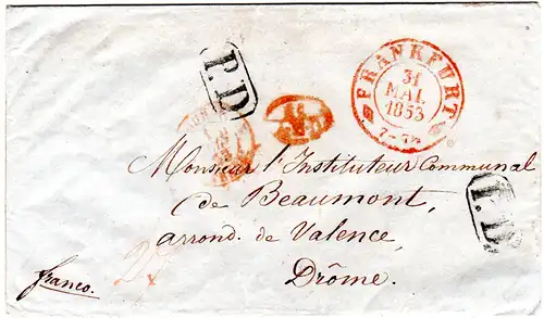 Taxis 1853, rote K2 Frankfurt u. II AED sowie P.D auf Franko Brief n. Frankreich