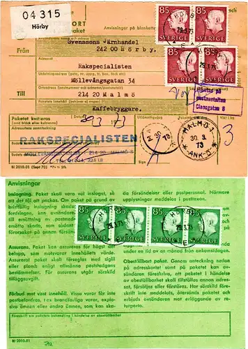 Schweden 1973, MeF 8x85 öre vorder- u. rücks. auf Paketkarte v. Hörby.