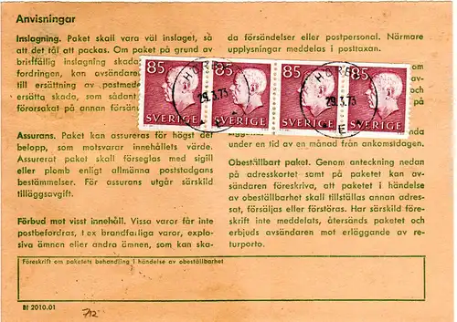 Schweden 1973, MeF 8x85 öre vorder- u. rücks. auf Paketkarte v. Hörby.