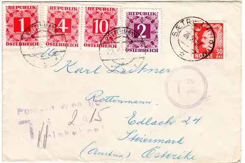Norwegen 1952, 30 öre auf Brief v. Saetre i Hurum m. 4 Österreich Portomarken