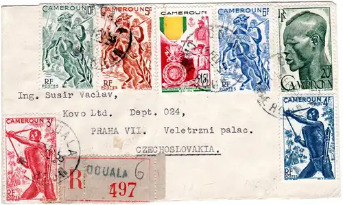 Kamerun 1953, 7 Marken auf Einschreiben Brief v. Douala i.d. Tschechoslowakei
