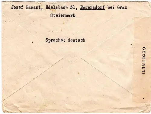 Österreich 1946, 4 Marken auf Zensur Brief v. Eggersdorf b. Graz i.d. Schweiz