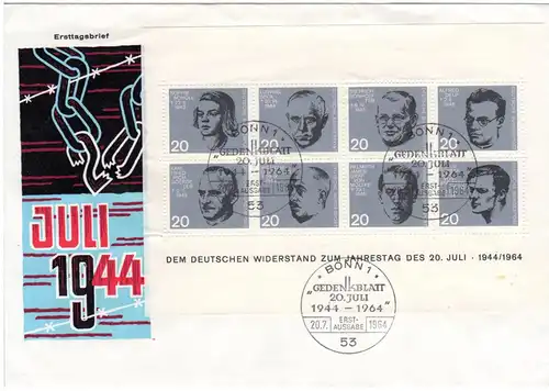 BRD 1964, Widerstandskämpferblock auf Ersttagsbrief v. Bonn