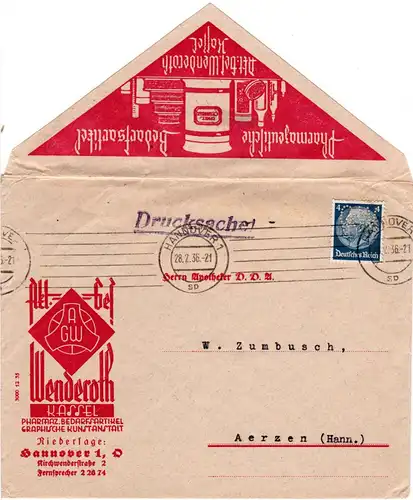 DR 1936, 4 Pf. m. perfin auf schönem Firmen Brief v. Hannover