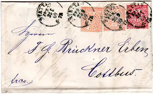 NDP 1869, 1+2x1/2 Gr. auf Brief v. Stettin n. Cottbus.