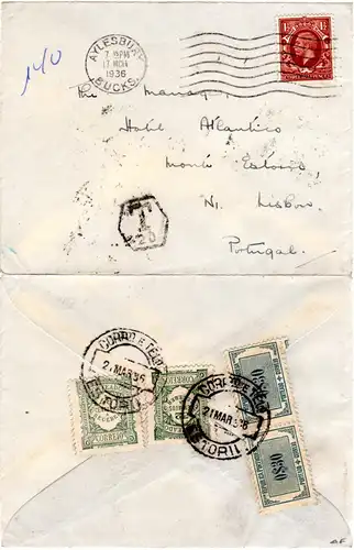 Portugal 1936, 4 Portomarken rücks. auf GB Brief m. 1 1/2d v. Aylesbury 