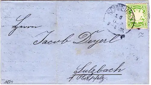 Bayern 1879, 3 Pf. "weite Welle" auf Faltdrucksache v. Schweinfurt n. Sulzbach