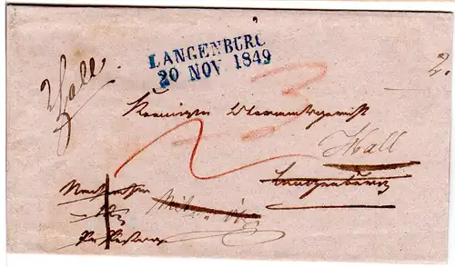 Württemberg 1849, L2 Langenburg klar auf Orts- dann Nachsendebrief n. Hall