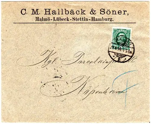 Schweden 1896, EF 5 öre blaugrün auf Firmen Drucksache Umschlag v. Malmö n. DK