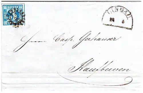 Bayern 1858, allseits breitrandige 3 Kr. auf Brief m. MR 289 v. Lindau 