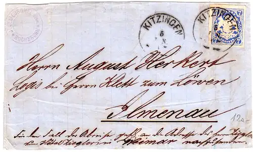 Bayern 21 b, breitr. 7 Kr. dunkelultramarin auf Brief-VS v. Kitzingen. Geprüft