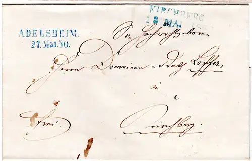 Württemberg 1850, L2 Kichberg u. Adelsheim, je in blau auf Franco Brief 