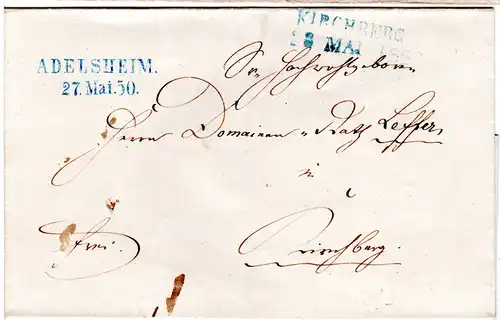 Württemberg 1850, L2 Kichberg u. Adelsheim, je in blau auf Franco Brief