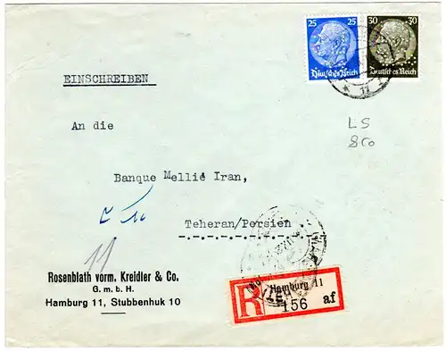 DR 1936, 25+50 Pf. m. perfin auf Firmen Einschreiben Brief v. Hamburg n. Persien