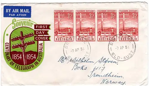 Australien 1954, MeF 7x3 1/2d Telegraph Centenary auf FDC n. Norwegen