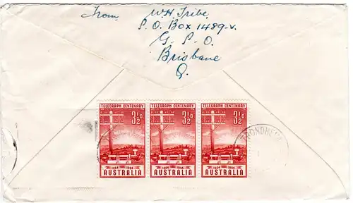 Australien 1954, MeF 7x3 1/2d Telegraph Centenary auf FDC n. Norwegen