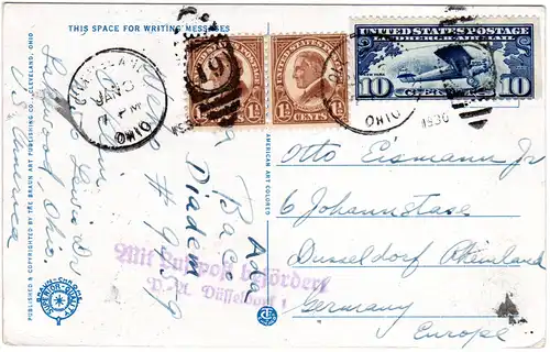 USA 1930, 10+2x1 1/2 C. auf Luftpost Karte v. Cleveland n. Düsseldorf