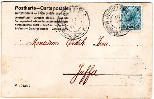Österreich Levante 1904, 10 Pa. auf Inlands Karte v. K2 Jerusalem n. Jaffa
