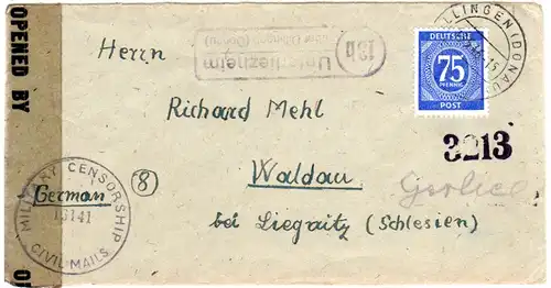 1946, Landpost Stpl. 13b UNTERLIEZHEIM über Dillingen auf Zensur Brief m. 75 Pf.