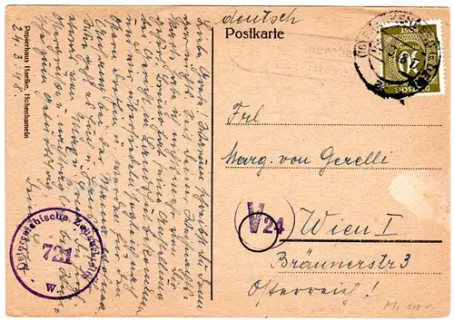 1947, Landpost Stpl. HOMMERSHAUSEN über Frankenberg auf Zensur Karte m. 30Pf.