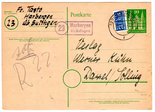 1950, Landpost Stpl. 23 HARBERGEN über Sulingen auf 10 Pf. Ganzsache 