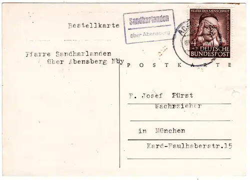 BRD 1954, Landpost Stpl. SANDHARLANDEN über Abensberg auf Karte m. 4 Pf.