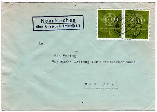 BRD 1960, Landpost Stpl. NEUNKIRCHEN über Ansbach auf Brief m. MeF 2x10 Pf.