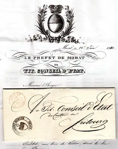 Schweiz 1841, roter K2 MORAT u. Amtssiegel-Stpl. auf schönem Brief n. Fribourg