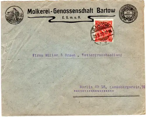 DR 1922, 3 Mk. auf illustriertem Molkerei-Genossenschaft Firmenbrief v. Bartow