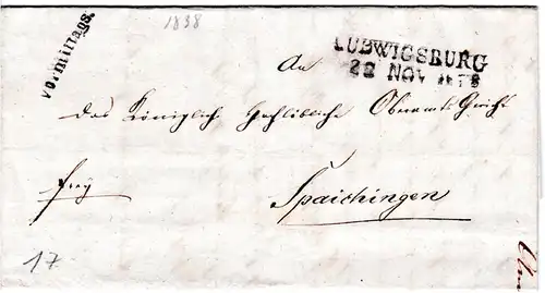 Württemberg 1838, L2 Ludwigsburg u. L1 vormittags auf Franko Brief n Spaichingen