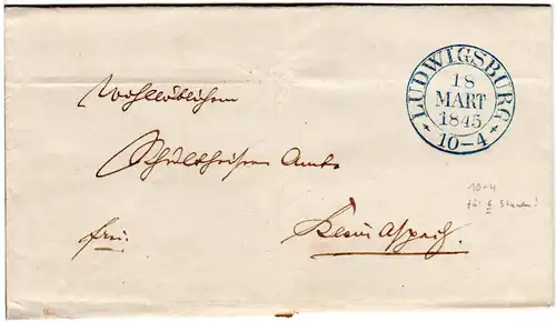 Württemberg 1845, K2 Ludwigsburg in blau auf Wendebrief n. Kleinaspach