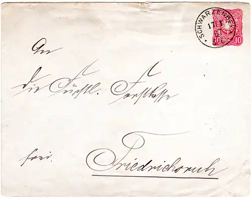 DR 1887, K1 Schwarzenbek klar auf 10 Pf. Ganzsachenumschlag n. Friedrichsruh