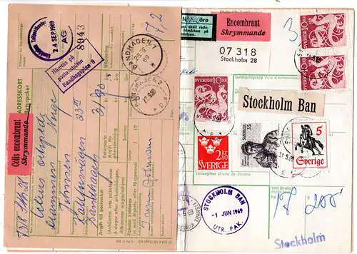 Schweden 1969, 7 Marken auf Sperrgut Paketkarte v Stockholm n. Norwegen m. Porto