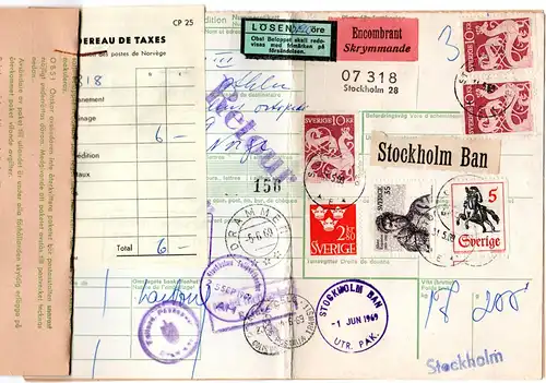Schweden 1969, 7 Marken auf Sperrgut Paketkarte v Stockholm n. Norwegen m. Porto