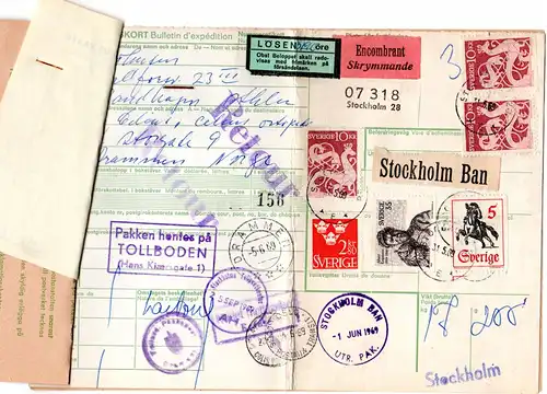 Schweden 1969, 7 Marken auf Sperrgut Paketkarte v Stockholm n. Norwegen m. Porto