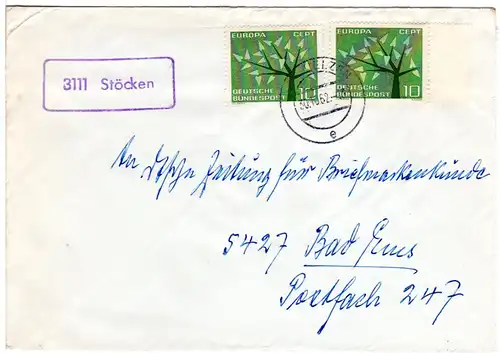 BRD 1962, Landpost Stpl. 3111 STÖCKEN auf Brief m. MeF 2x10 Pf. Europa Cept.