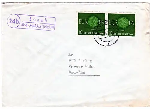 BRD 1961, Landpost Stpl. 24b EESCH über Meldorf auf Brief m. MeF 2x10 Pf.