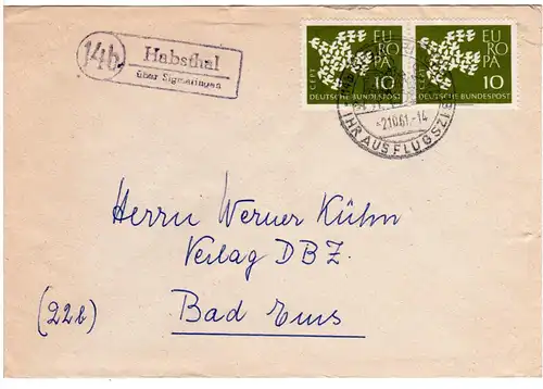 BRD 1961, Landpost Stpl. 14b HABSTHAL über Sigmaringen auf Brief m. MeF 2x10 Pf.