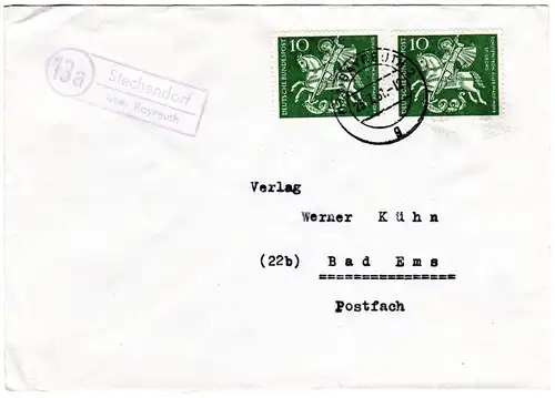 BRD 1961, Landpost Stpl. 13a STECHENDORF über Bayreuth auf Brief m. MeF 2x10 Pf.