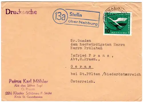 BRD 1956, Landpost Stpl. 13a STULLN über Nabburg auf Drucksache m. EF 10 Pf.