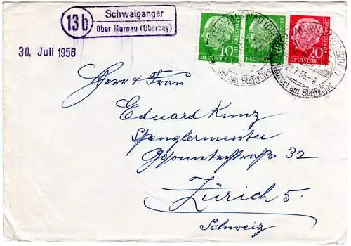 BRD 1956, Landpost Stpl. 13b SCHWAIGANGER über Murnau auf Brief m. 20+2x10 Pf.