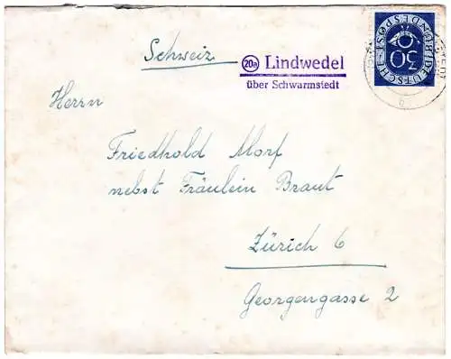 BRD 1953, Landpost Stpl. 20a LINDWEDEL über Schwarmstedt auf Brief m. 30 Pf.