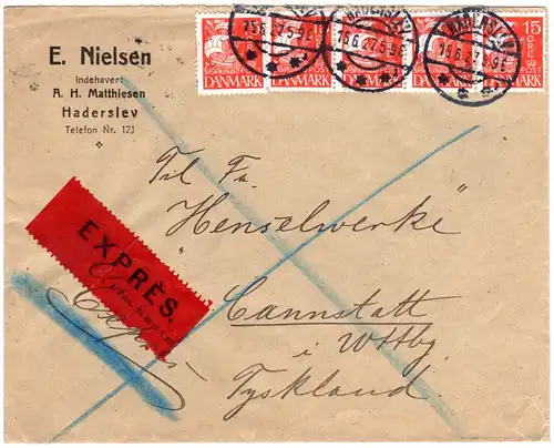 Dänemark 1927, MeF 5x15 öre auf Express Brief v. Haderslev n. Württemberg