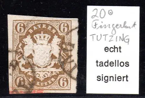 Bayern 20, breitrandige 6 Kr. braun m. Fingerhutstpl. TUTZING (Sem 200). Geprüft